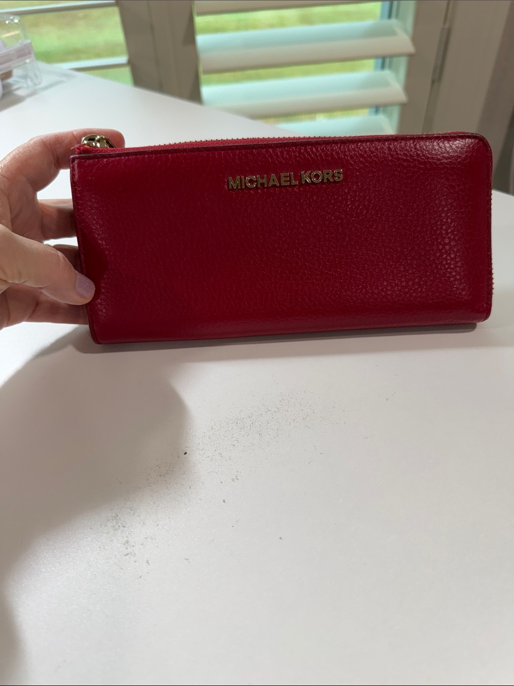 Michael Kors Red Leather Zip Card Holder with Gold Hardware